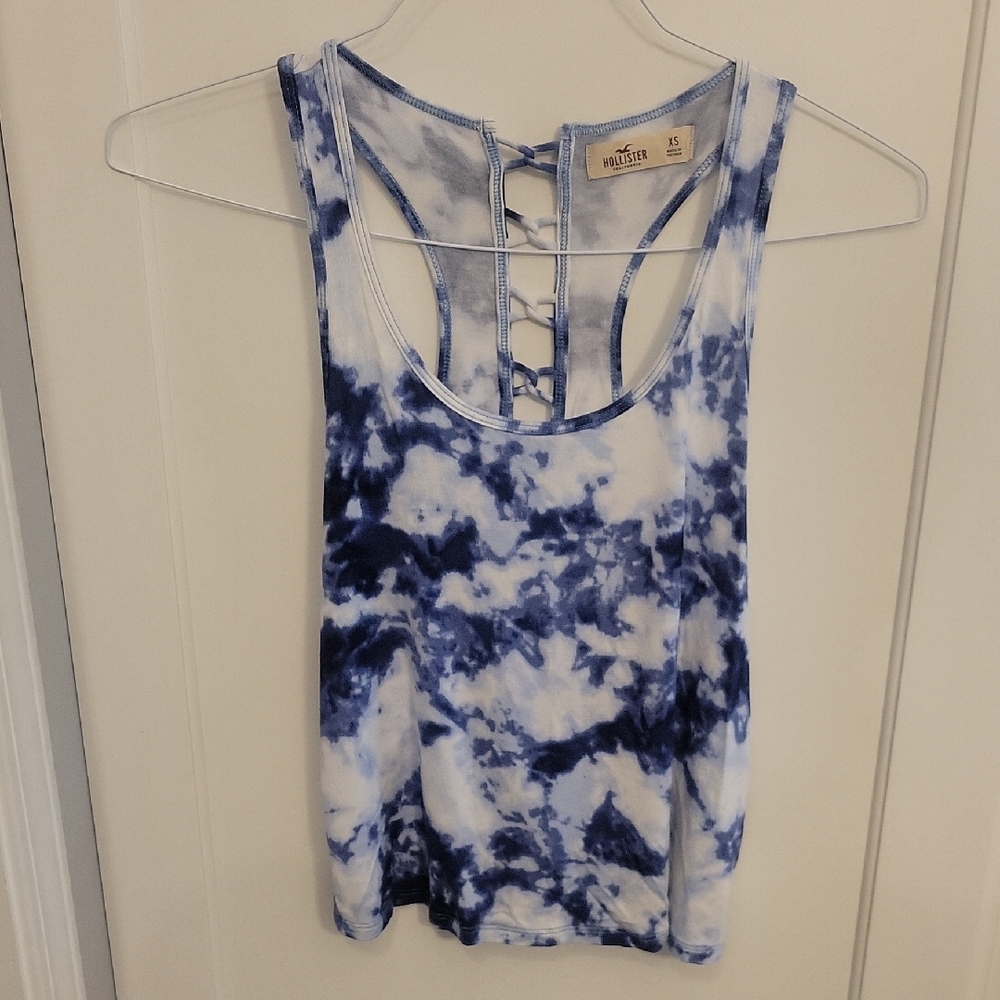 Hollister Blue and White Tie-dye Super Soft Tank Top with Cut Out Tie Back. XSm